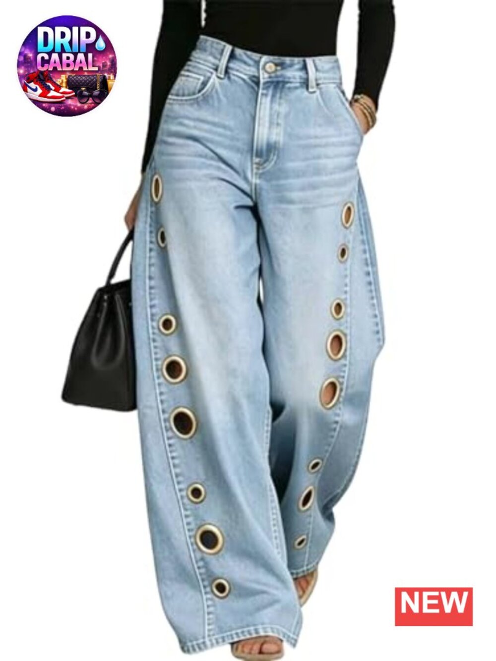 Women's High Rise Wide Leg Jeans Cut Out Grommet Eyelet Denim Pants
